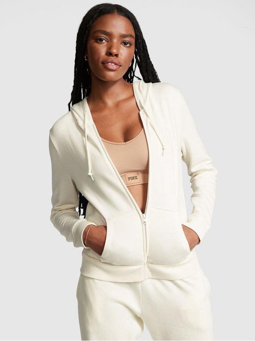 VS PINK Everyday Fleece Zip-Up Hoodie in Creamer Size XL